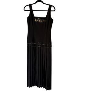 STAL Vintage Black‎ Midi Dress 6 Pleated Skirt Beaded Hem Gold Coin Detail USA